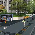 Outdoor Children's Play Area With Colorful Ground Design Trees Pathways And Buildings
