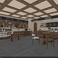Inviting Café Interior with Wooden Ceiling Beams Shelves Products Coffee Bar and Wooden Furniture