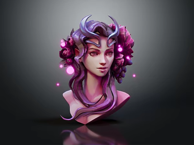Fantasy Female Character Bust With Purple Hair Flower Decorations And Glowing Orbs 3d model