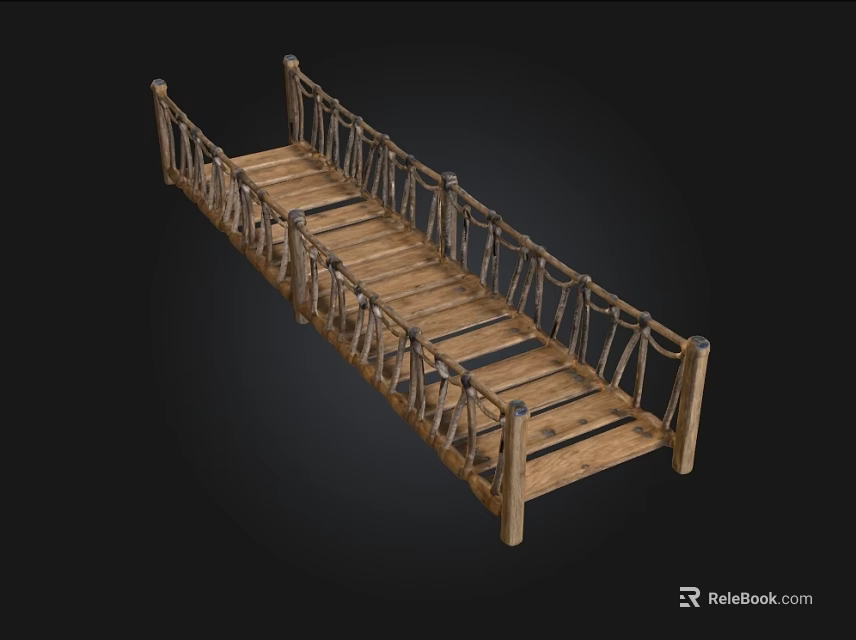 Wooden Pedestrian Bridge With Rope Railings And Planked Walkway Design 3d model 