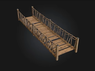 Wooden Pedestrian Bridge With Rope Railings And Planked Walkway Design 3d model