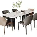 Modern Dining Table Set With Marble Top And Leather Chairs Green Plant Book