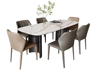 Modern Dining Table Set With Marble Top And Leather Chairs Green Plant Book 3d model