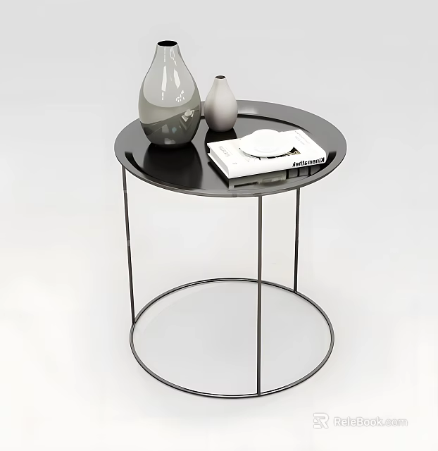Modern Black Round Side Table with Vases Book Plate and Metal Circular Base 3d model 