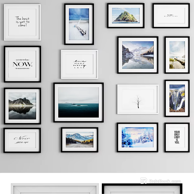 Photo Wall With Framed Landscape Pictures Text Art And Minimalist Designs 3d model 