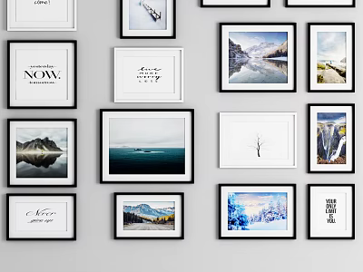 Photo Wall With Framed Landscape Pictures Text Art And Minimalist Designs 3d model