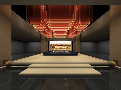 Modern Exhibition Hall Interior With Red Geometric Pendant Lights Steps And Background Screen 3d model