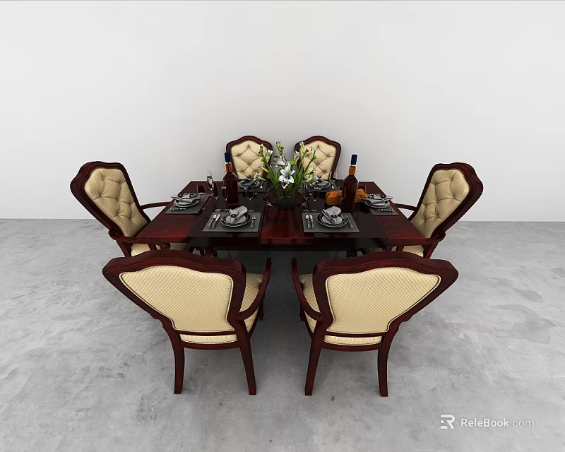 Elegant Dining Table Set With Dark Wood Frame Beige Upholstered Chairs Vase Flowers And Tableware 3d model 