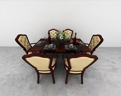 Elegant Dining Table Set With Dark Wood Frame Beige Upholstered Chairs Vase Flowers And Tableware 3d model