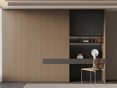 Modern Wooden Dressing Table Design With Light Dark Storage Cabinets And Accent Chair 3d model