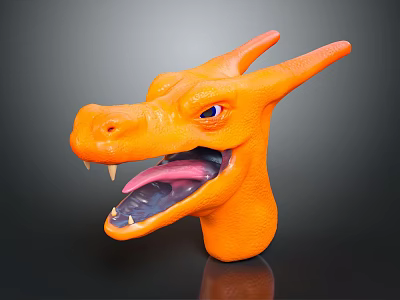Detailed Orange Dragon Head Sculpture With Open Mouth And Sharp Teeth 3d model