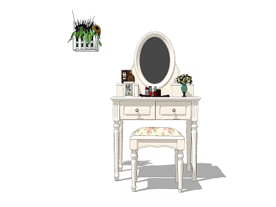White Dressing Table with Oval Mirror Cosmetic Bottles Floral Stool and Wall Plant Pot 3d model