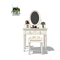 White Dressing Table with Oval Mirror Cosmetic Bottles Floral Stool and Wall Plant Pot