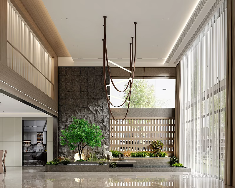 Modern Duplex Living Room Featuring High Ceiling Chandeliers Stone Wall And Greenery 3d model