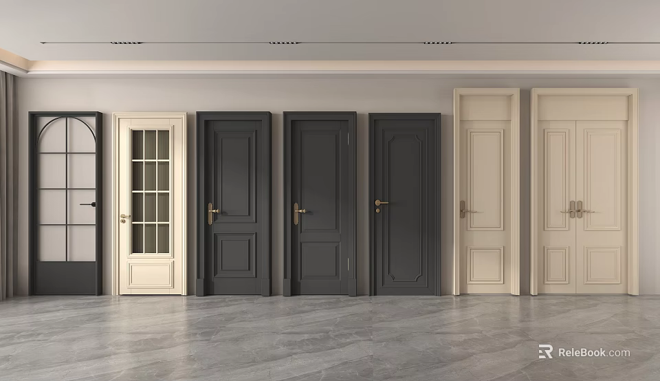 Hinged Doors in Black Beige and Glass Panel Styles for Modern Interior with Polished Floor 3d model 