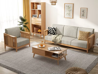 Light Gray Wooden Sofa And Coffee Table Set In Living Room With Pillows And Plants 3d model