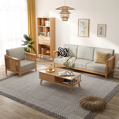 Light Gray Wooden Sofa And Coffee Table Set In Living Room With Pillows And Plants 3d model