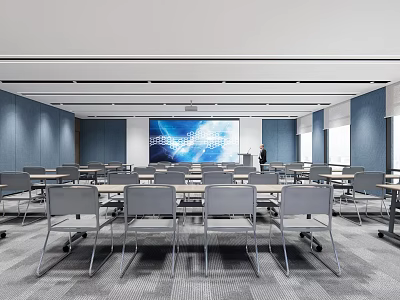 Modern Conference Room Interior With Large Screen Blue Walls And Rows Of Tables And Chairs 3d model