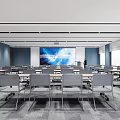 Modern Conference Room Interior With Large Screen Blue Walls And Rows Of Tables And Chairs