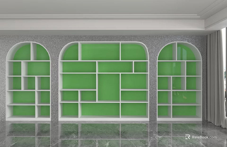 Arched Green Shelving Unit With White Frame And Multiple Compartments In Modern Interior 3d model