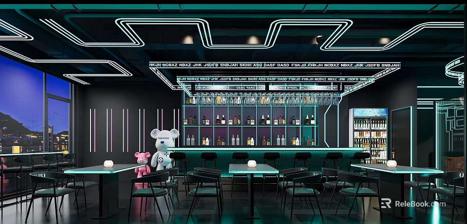 Modern Bar Interior Design With Neon Lights Wine Shelves And Tables Chairs 3d model 
