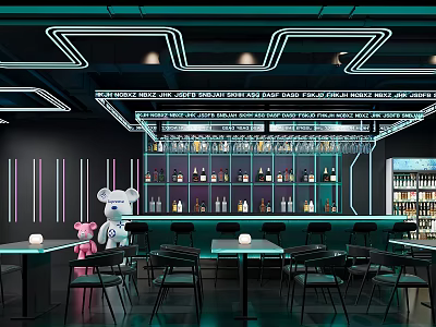 Modern Bar Interior Design With Neon Lights Wine Shelves And Tables Chairs 3d model