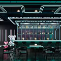 Modern Bar Interior Design With Neon Lights Wine Shelves And Tables Chairs 3d model