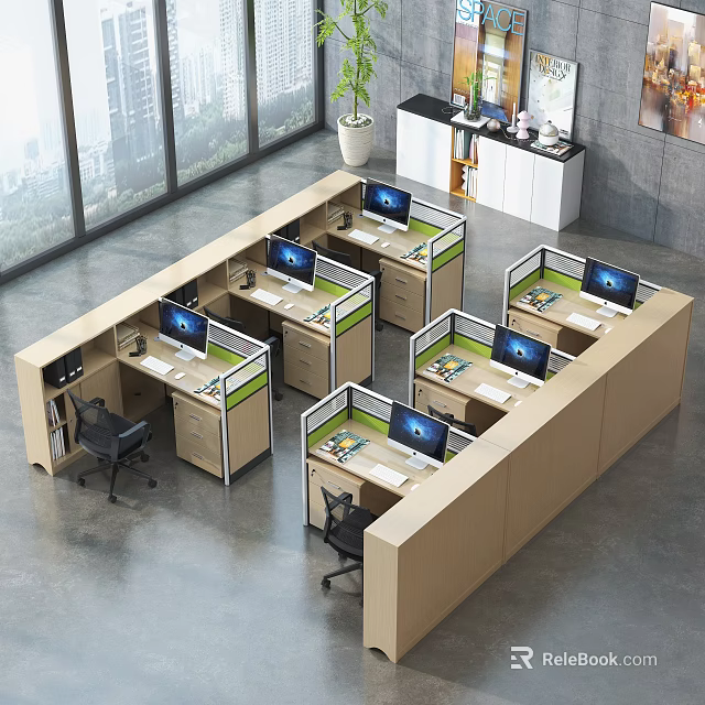Modern Public Office Space With Cubicle Workstations Computers Office Chairs And Large Windows 3d model