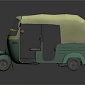 Three Wheeled Green Yellow Motorcycle with Yellow Canopy Open Door and Brown Seats