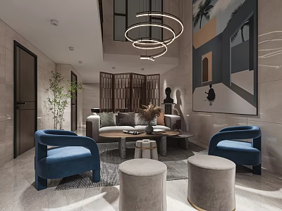 Basement Interior Design with Blue Armchairs Round Stools Coffee Table and Circular Pendant Lights 3d model