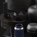 Modern Minimalist Ornamental Decor Set with Black Stacked Discs Apple Shaped Ornaments and Geometric Containers