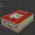 Traditional Stone Building With Red Roof Square Structure Multiple Windows And Doorways