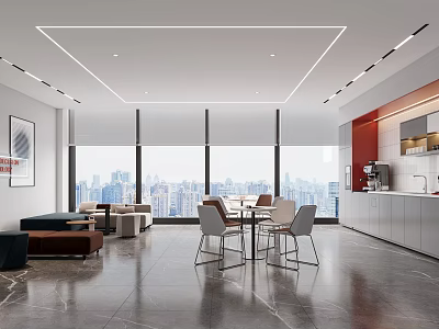 Modern Office Break Room With City View Windows Tables Chairs And Coffee Machine 3d model