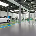 Modern Car Dealership Showroom With Multiple Cars Display Screens And Tables Chairs
