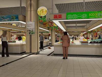 Supermarket Department Store Vegetable Section With Customers Shopping And Promotion Signs 3d model