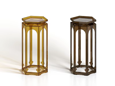 Golden and Dark Brown Glass Pedestal Tables with Octagonal Top and Pillar Structure 3d model