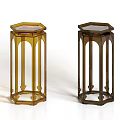 Golden and Dark Brown Glass Pedestal Tables with Octagonal Top and Pillar Structure