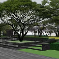 Serene Garden Landscape with Purple Flowers Trees Outdoor Seating and Wooden Flooring