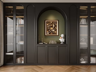 Modern Dark Bookcase With Arched Design Glass Doors Console Table And Decorative Items 3d model
