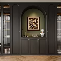 Modern Dark Bookcase With Arched Design Glass Doors Console Table And Decorative Items 3d model