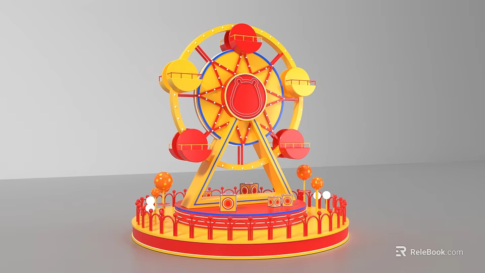 Yellow Red Ferris Wheel Photo Spot With Decorative Ornaments And Fenced Base 3d model 