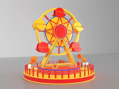 Yellow Red Ferris Wheel Photo Spot With Decorative Ornaments And Fenced Base 3d model
