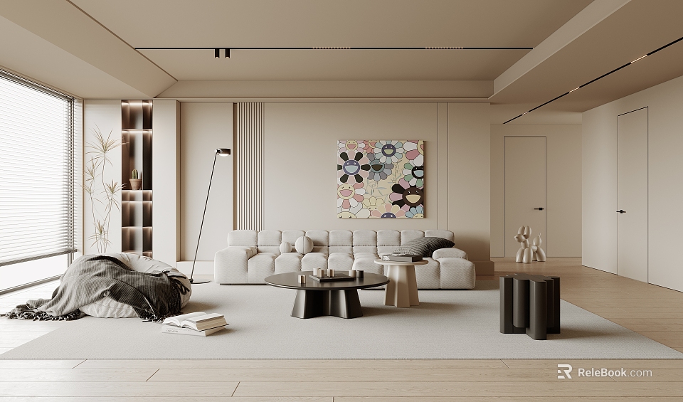 Modern Living Room Interior Design With Beige Sofa Abstract Painting Floor Lamp And Coffee Table 3d model 