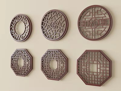 Chinese Traditional Carved Wall Decorations With Circular Octagonal Shapes And Intricate Patterns 3d model