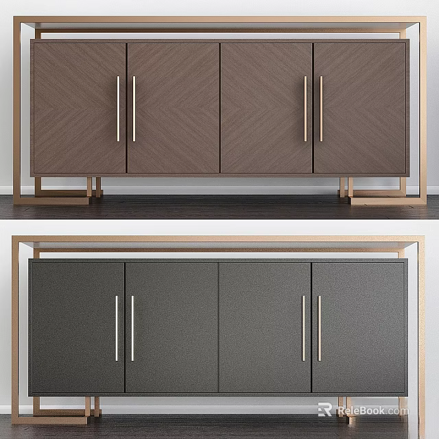 Modern Storage Cabinet With Brown Gray Finish Metal Handles And Gold Metal Frame 3d model 