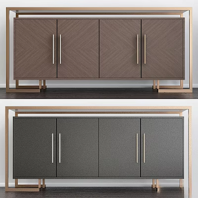 Modern Storage Cabinet With Brown Gray Finish Metal Handles And Gold Metal Frame 3d model