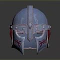 Metallic Blue Warrior Helmet With Red Decorative Patterns And Ornate Design 3d model