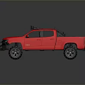 Red Off Road Pickup Truck With Roof Lights And Yellow Items In Bed