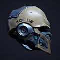 Futuristic Mechanical Helmet With Beige Metallic Finish And Blue Glowing Elements KDC 12 Marking