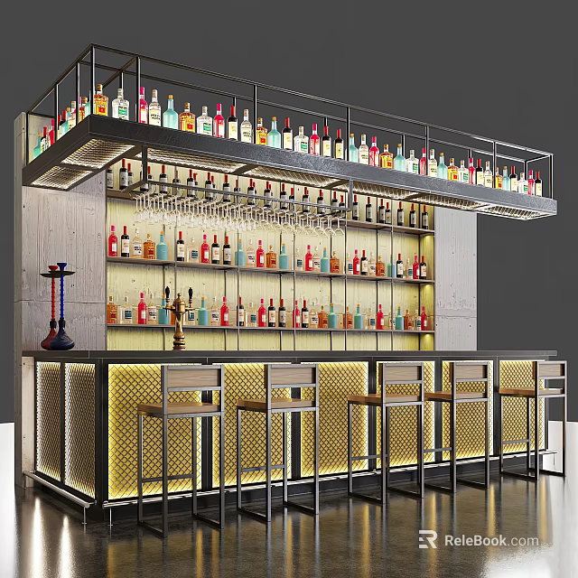 Stylish Bar Interior With Shelves Of Wine Bottles Glasses And Bar Stools 3d model 